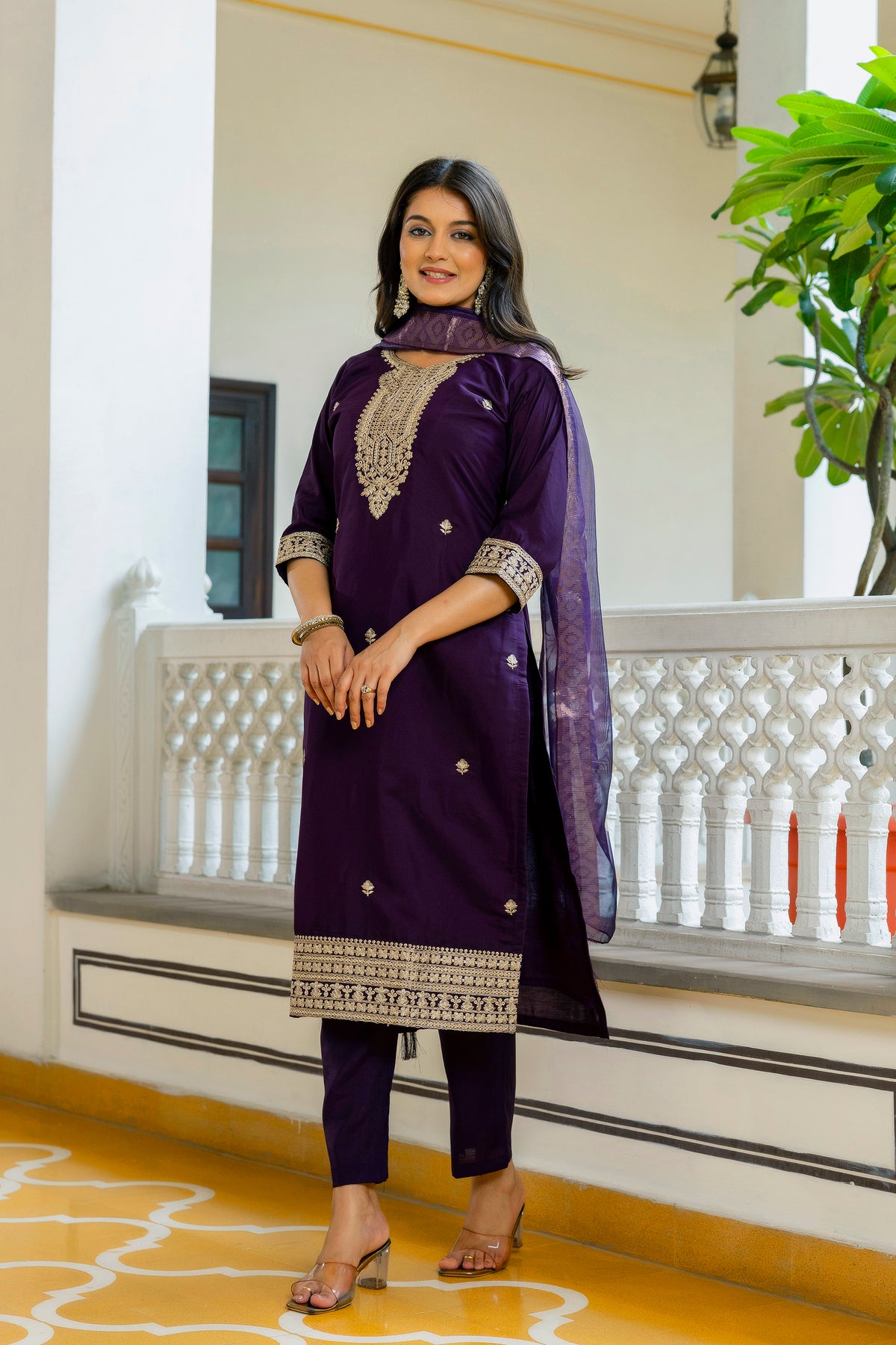Wine Embroidered Chanderi Cotton Suit Set