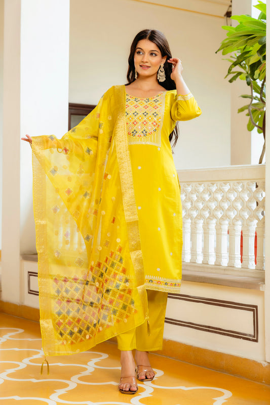 Yellow Embroidered Viscose Shimar Suit Set