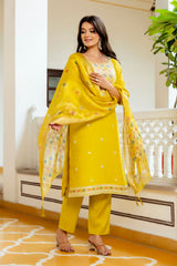 Yellow Embroidered Viscose Shimar Suit Set