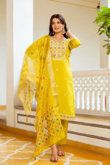 Yellow Embroidered Viscose Shimar Suit Set