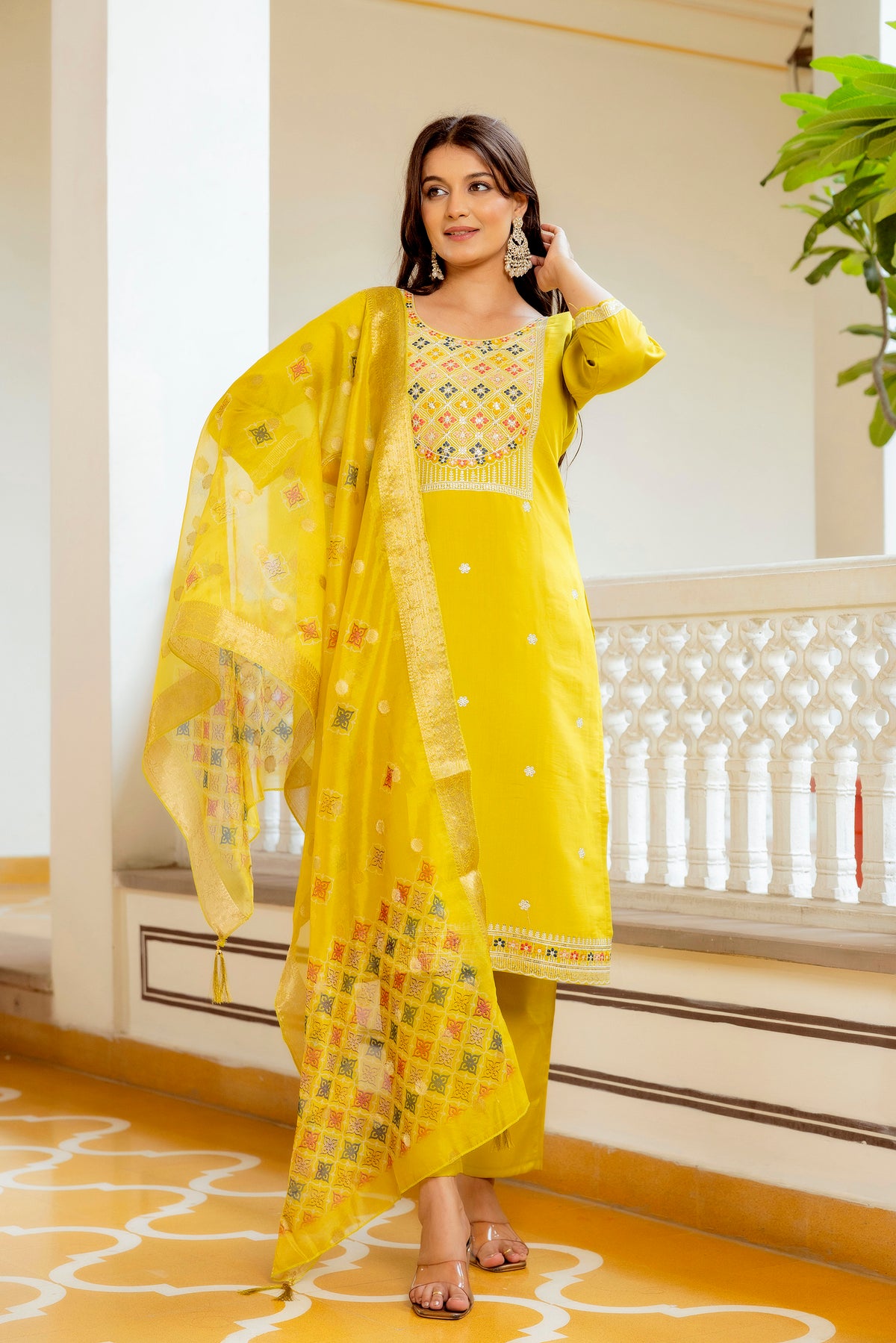 Yellow Embroidered Viscose Shimar Suit Set