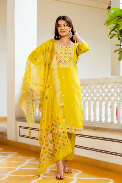 Yellow Embroidered Viscose Shimar Suit Set