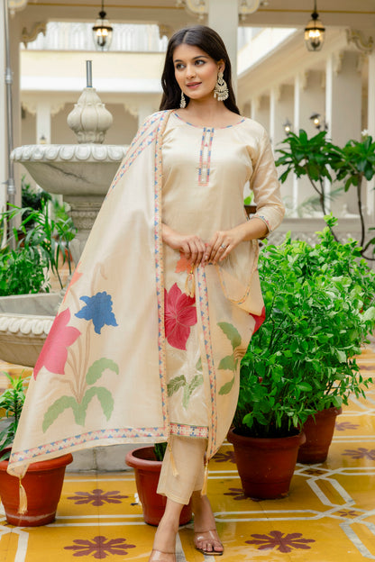 Beige Assam Silk Embroidered Suit Set