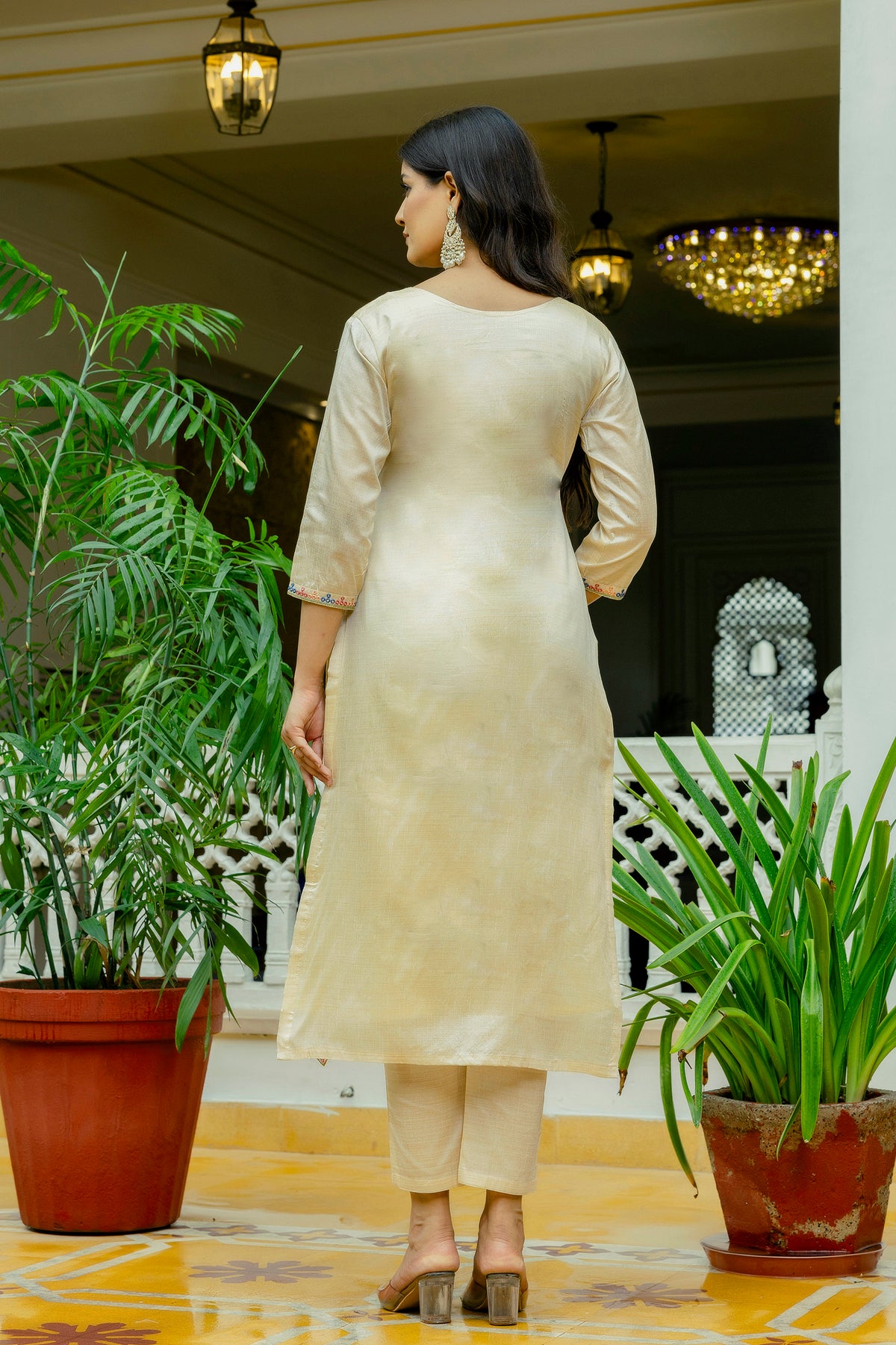Beige Assam Silk Embroidered Suit Set