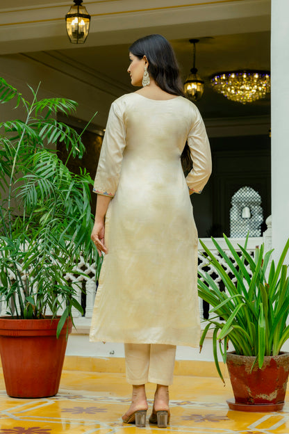 Beige Assam Silk Embroidered Suit Set