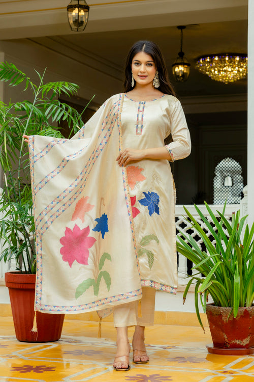 Cream Floral Embroidered Assam Silk Suit Set