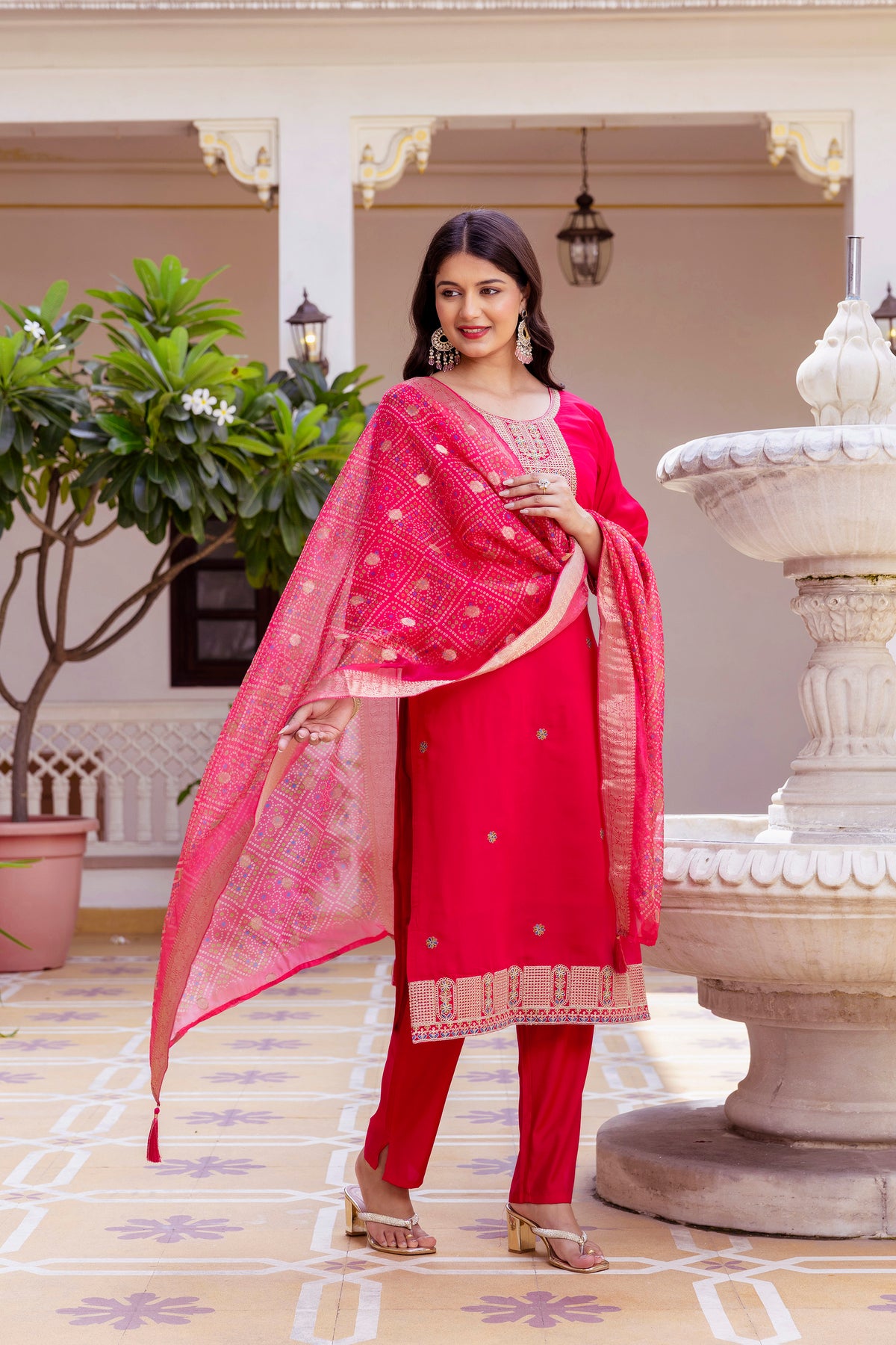Pink Embroidered Chanderi Suit Set