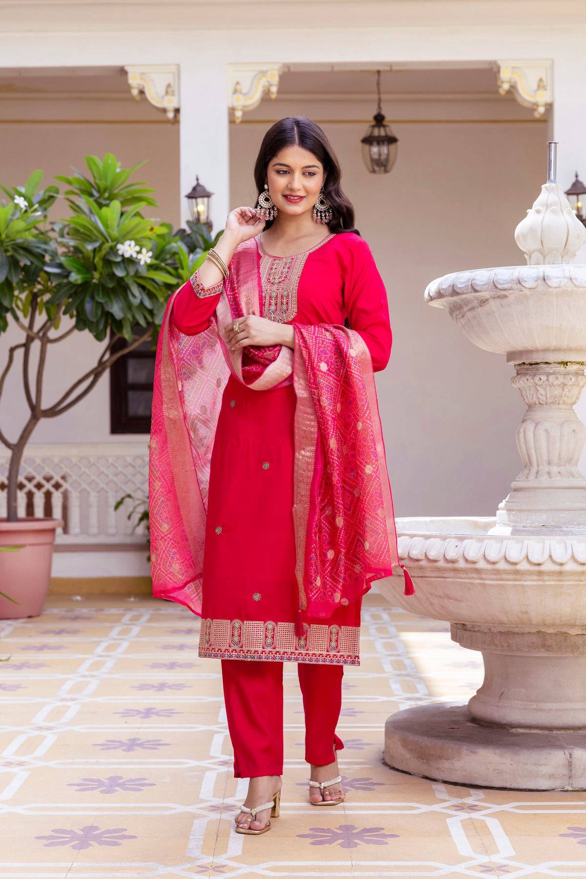 Pink Embroidered Chanderi Suit Set