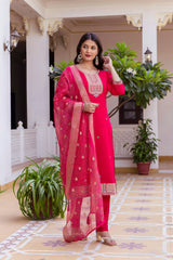 Pink Embroidered Chanderi Suit Set