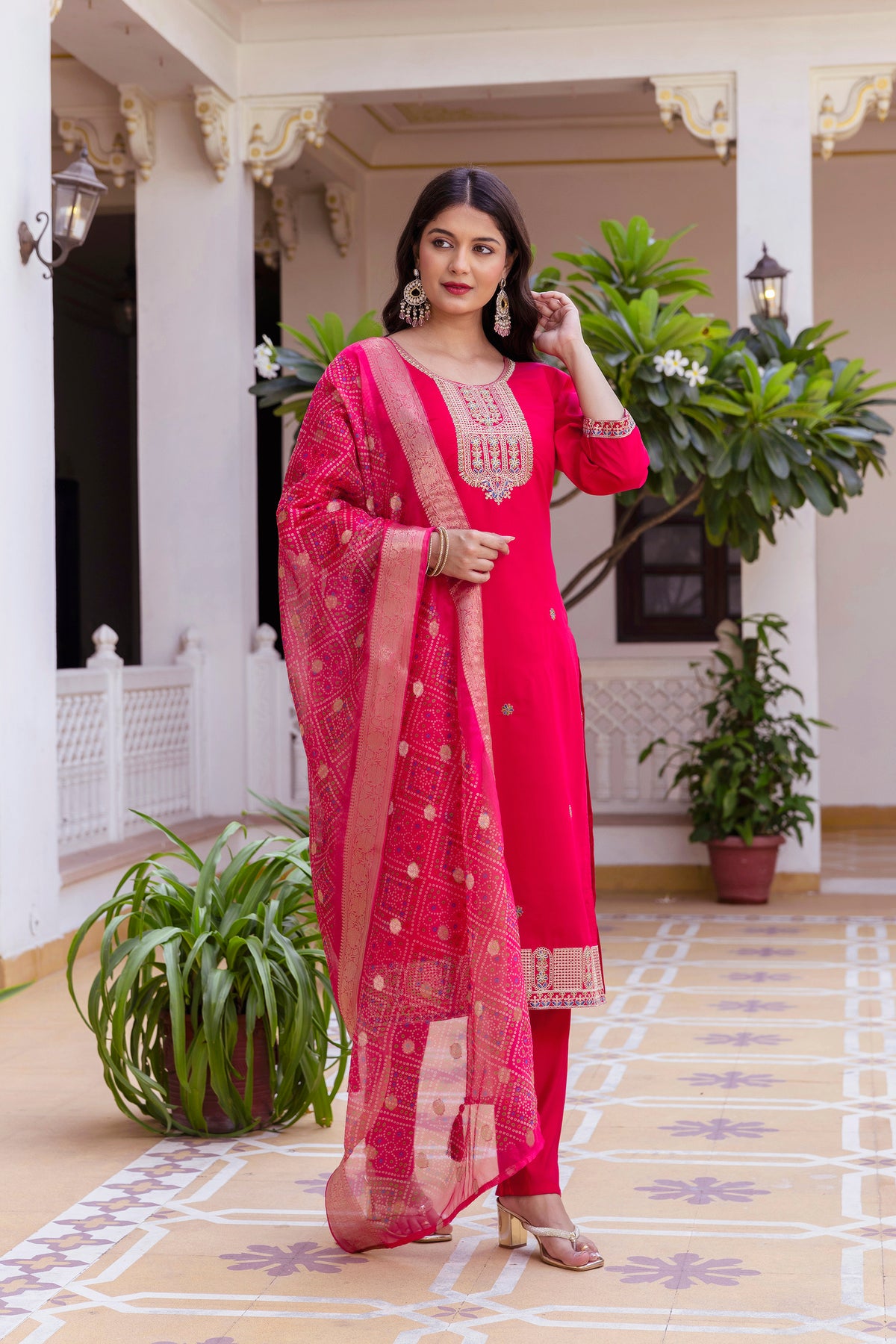 Pink Embroidered Chanderi Suit Set
