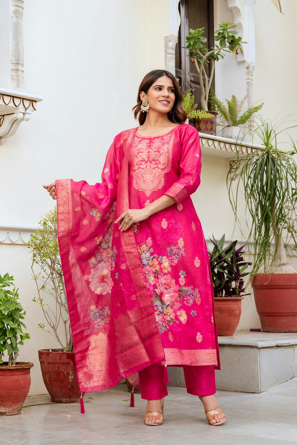 Pink Printed Chanderi Cotton Suit Set