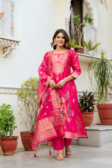 Pink Printed Chanderi Cotton Suit Set