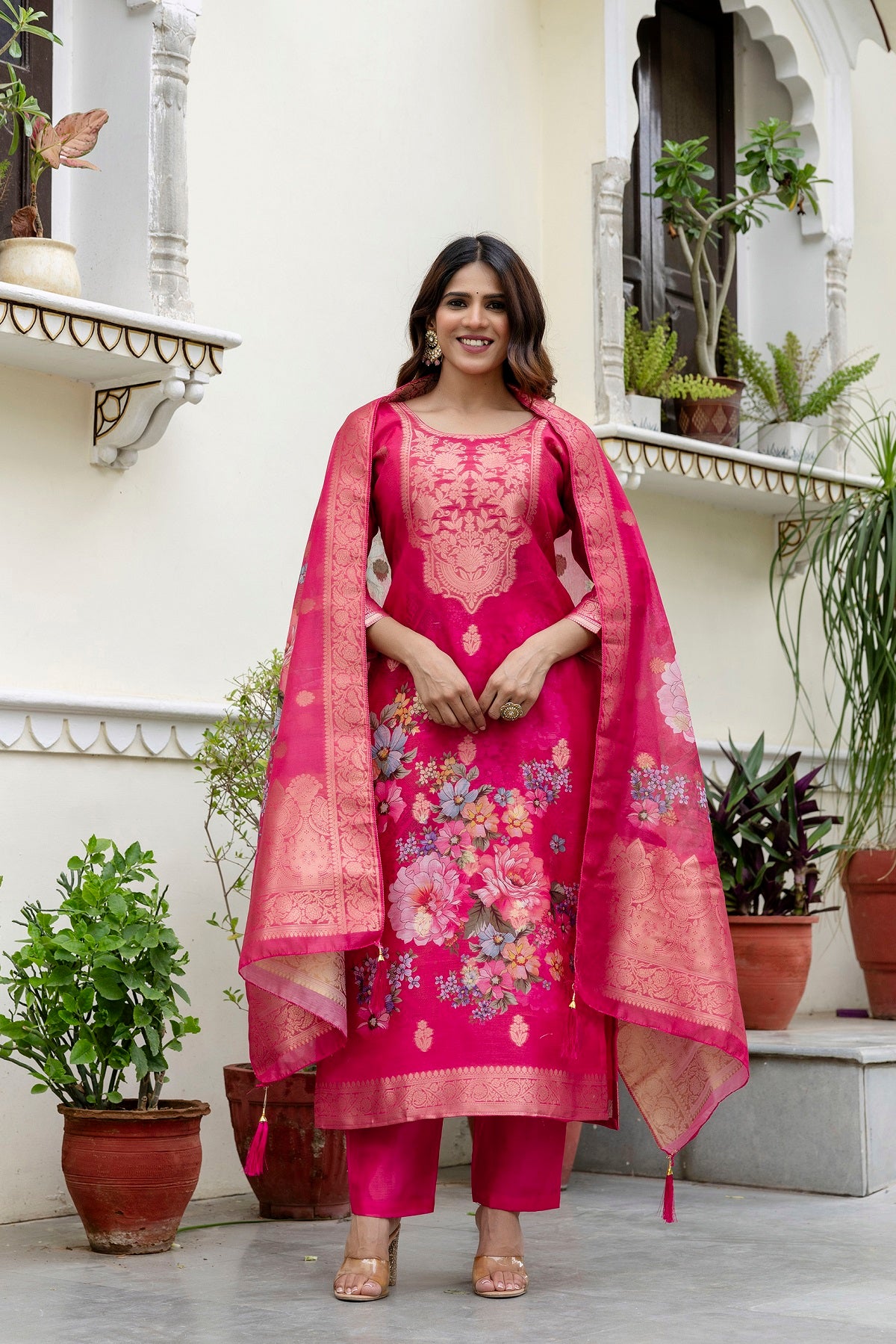 Pink Printed Chanderi Cotton Suit Set