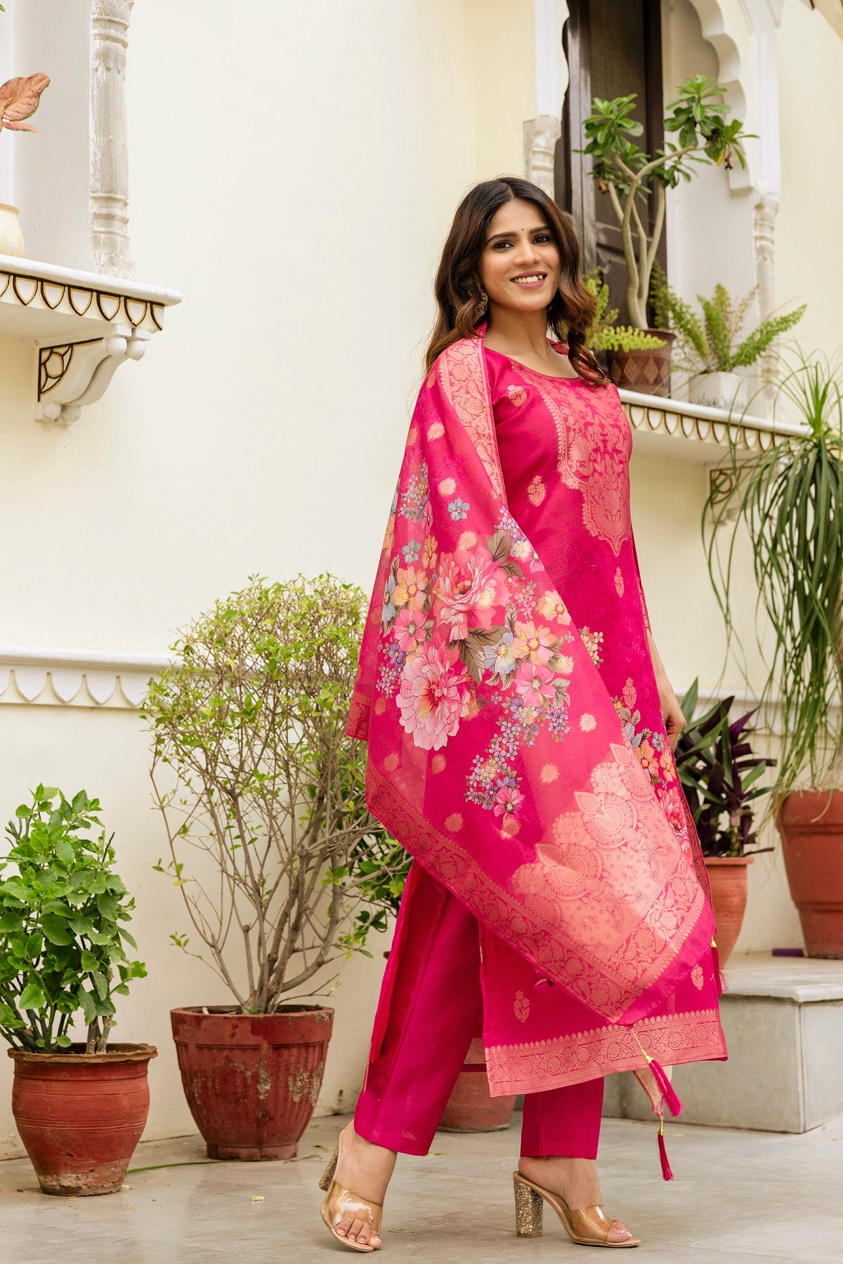 Pink Printed Chanderi Cotton Suit Set
