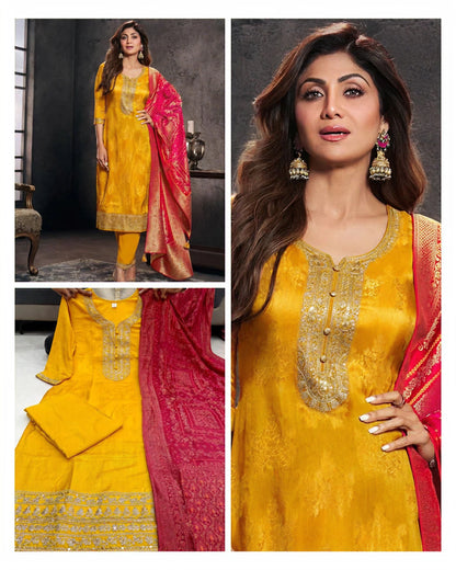 Haldi Designer Pure Banarasi Jacquard Weaving Suit Set