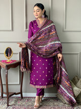 Wine Embroidered Viscose Chanderi Suit Set