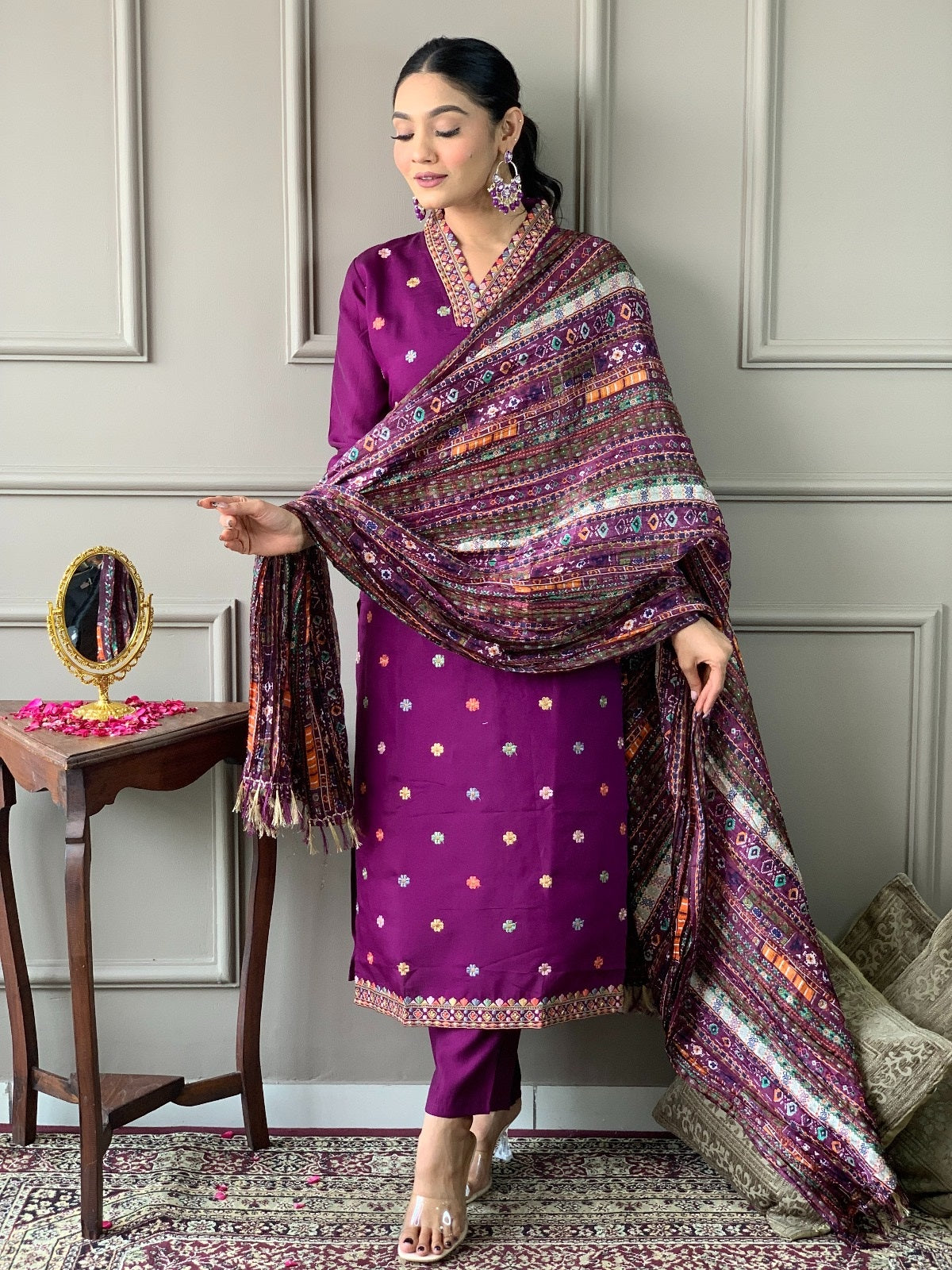 Wine Embroidered Viscose Chanderi Suit Set