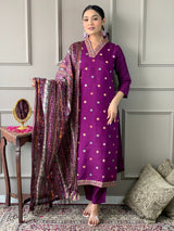 Wine Embroidered Viscose Chanderi Suit Set