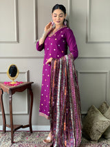 Wine Embroidered Viscose Chanderi Suit Set