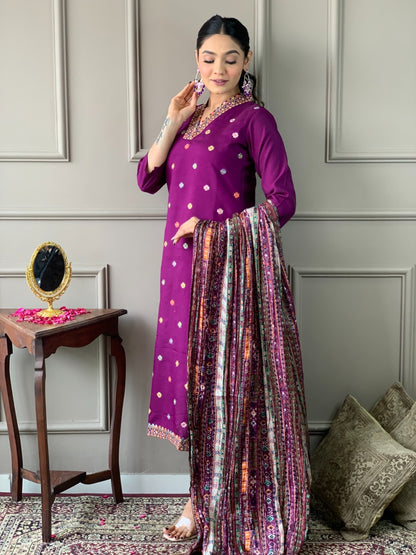 Wine Embroidered Viscose Chanderi Suit Set