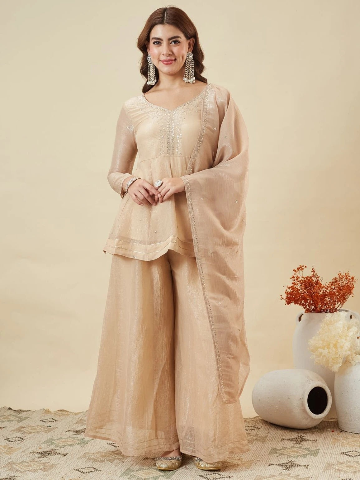 Cream Crunchy Silk Embroidered Sharara Suit Set