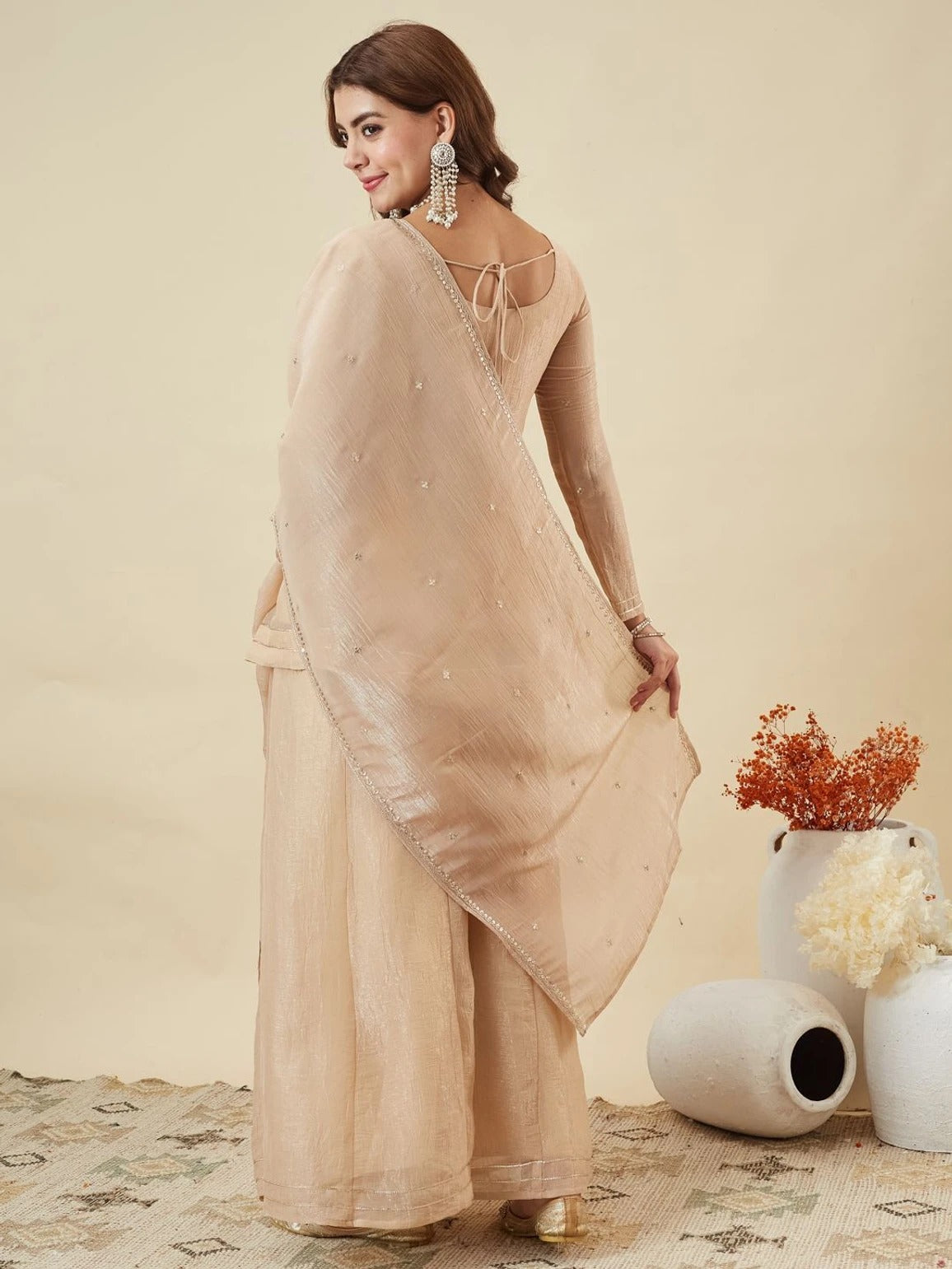 Cream Crunchy Silk Embroidered Sharara Suit Set