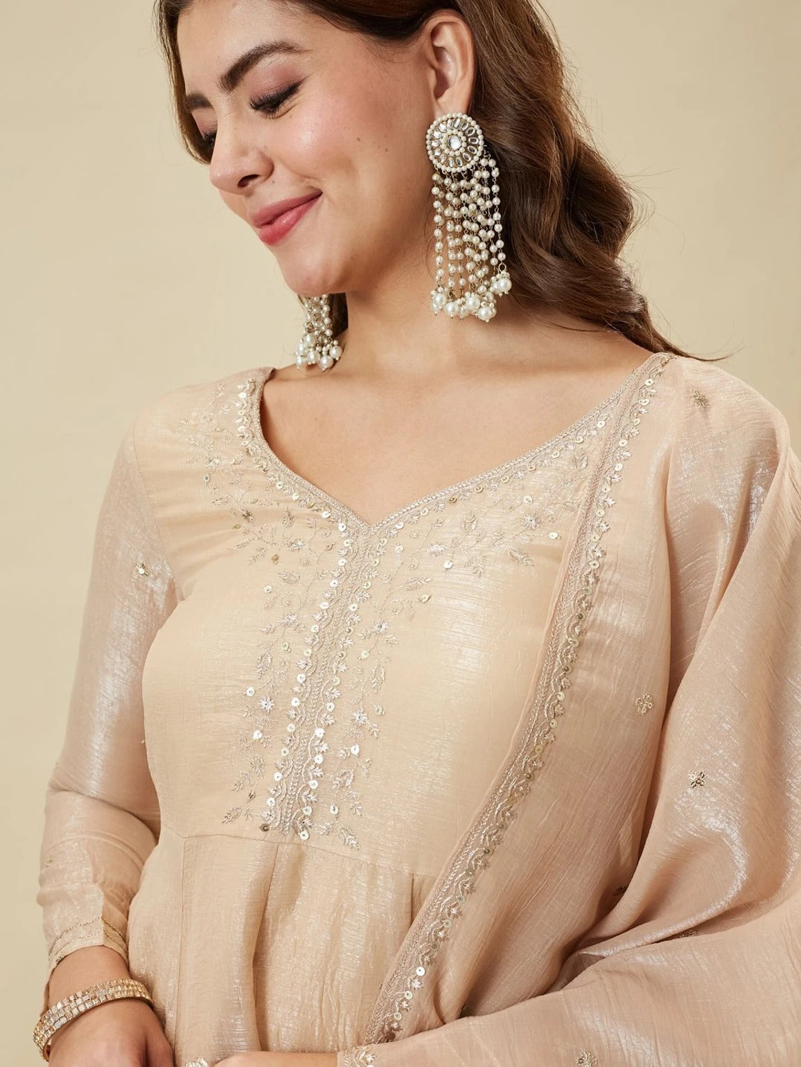 Cream Crunchy Silk Embroidered Sharara Suit Set