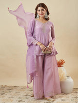 Lavendar Crunchy Silk Embroidered Sharara Suit Set