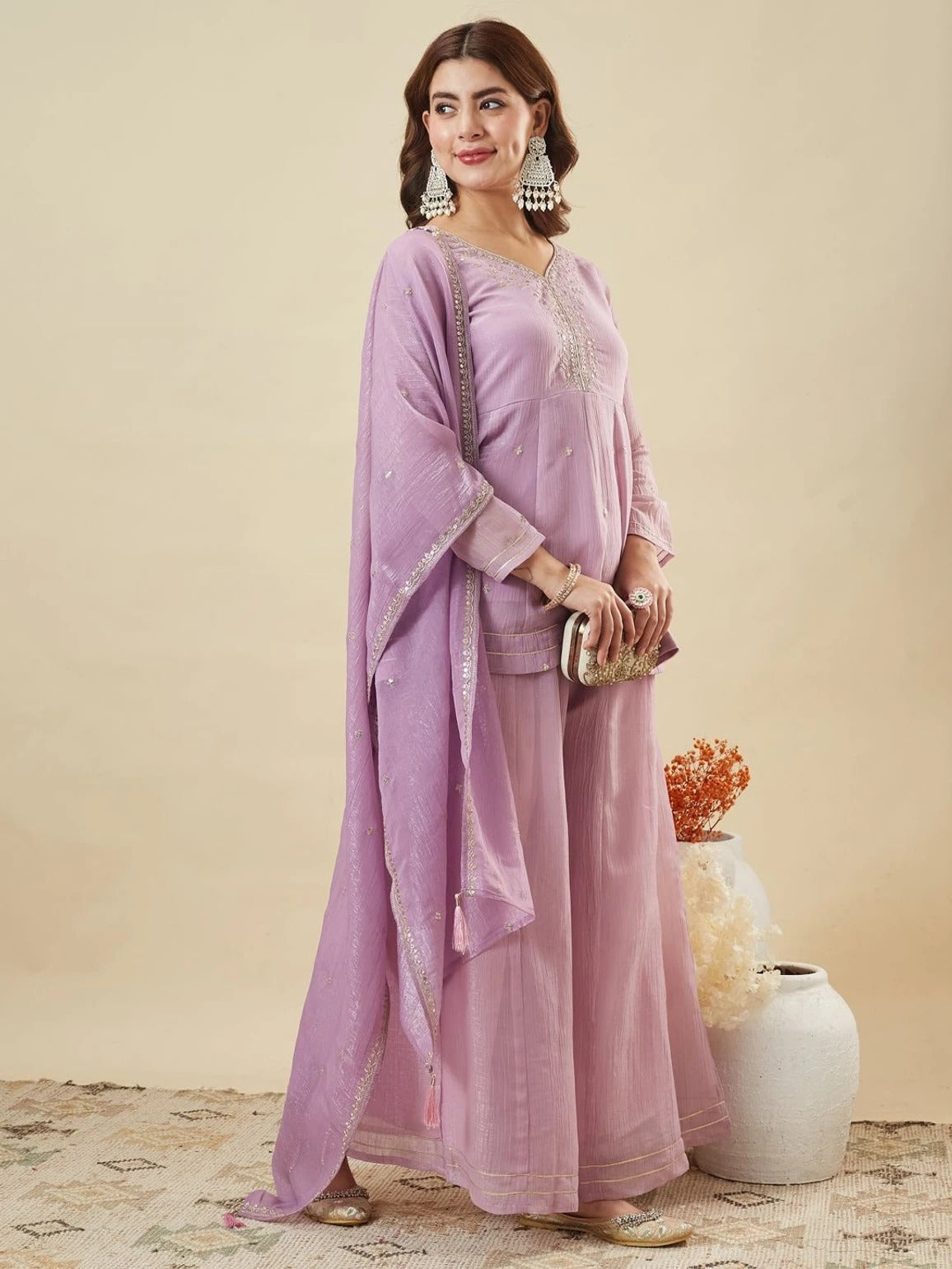Lavendar Crunchy Silk Embroidered Sharara Suit Set
