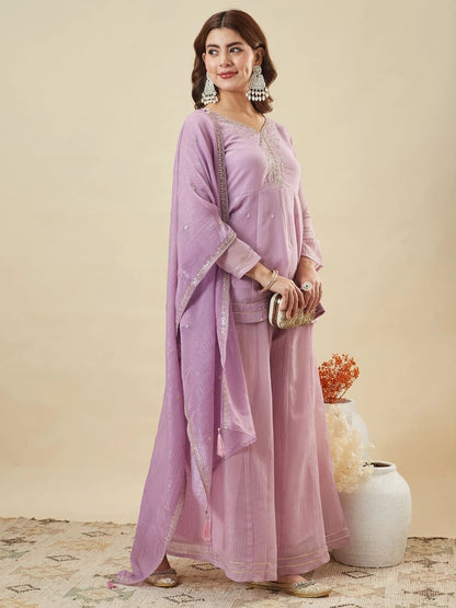 Lavendar Crunchy Silk Embroidered Sharara Suit Set