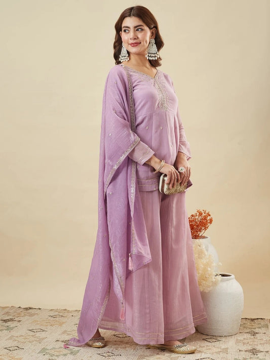 Lavendar Crunchy Silk Embroidered Sharara Suit Set