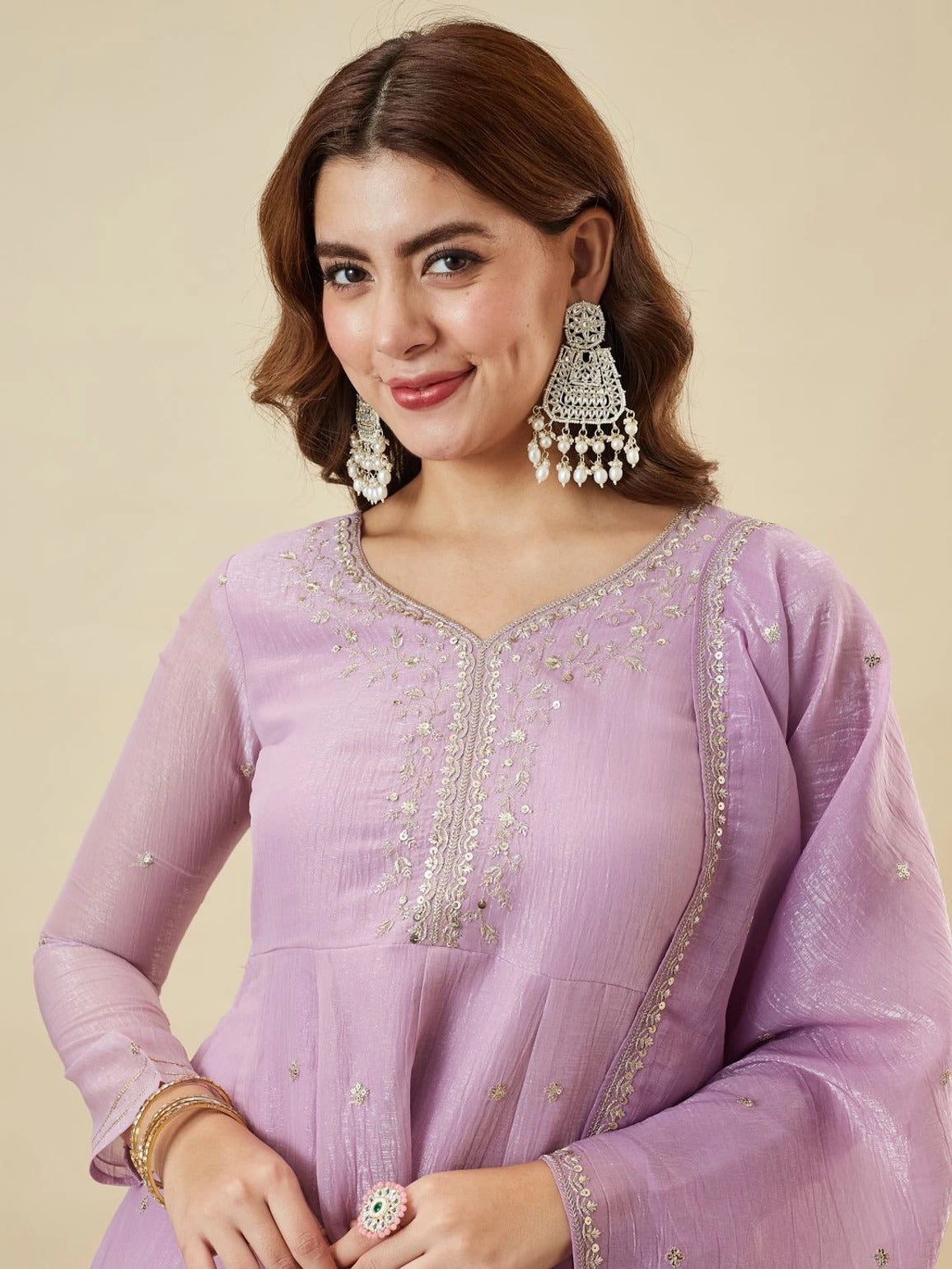 Lavendar Crunchy Silk Embroidered Sharara Suit Set