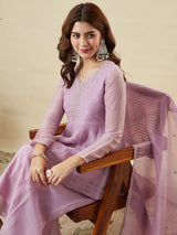 Lavendar Crunchy Silk Embroidered Sharara Suit Set