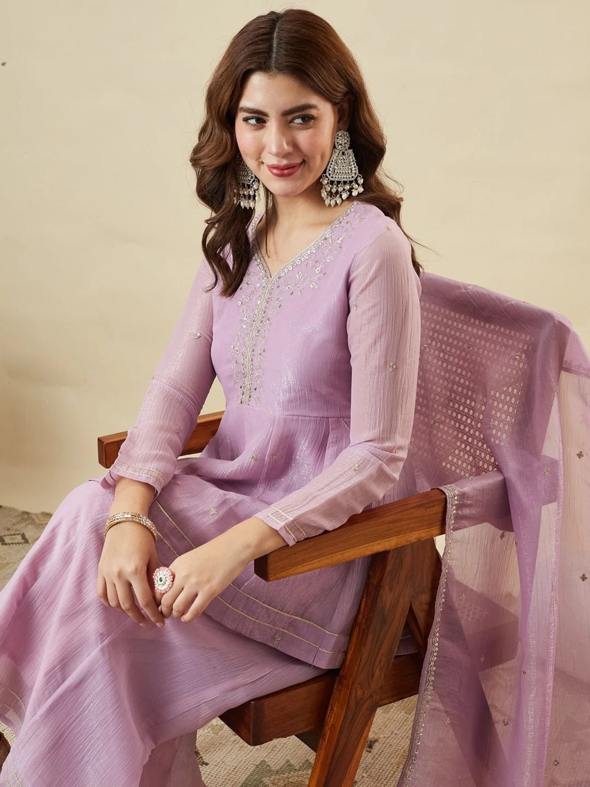 Lavendar Crunchy Silk Embroidered Sharara Suit Set