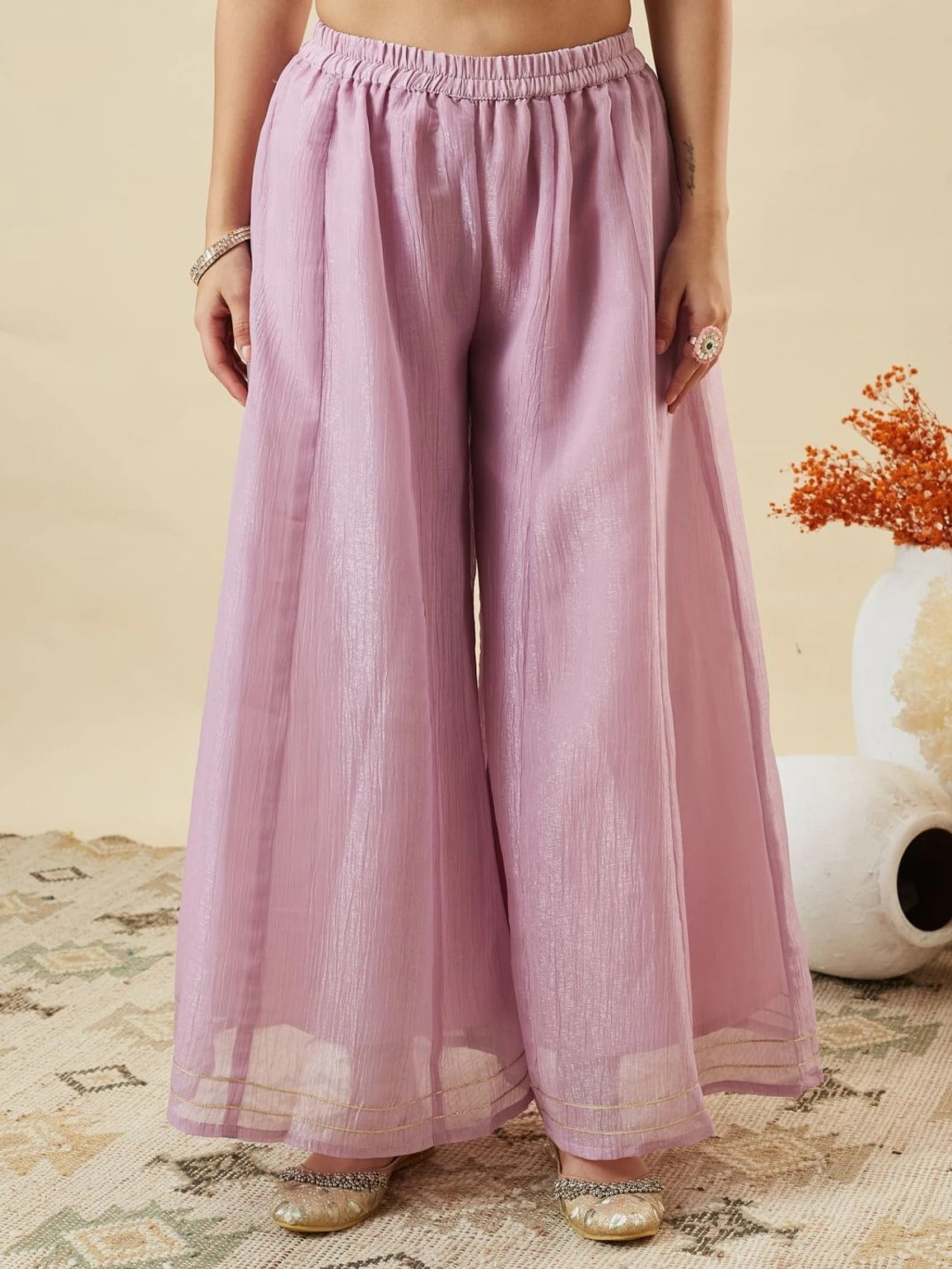 Lavendar Crunchy Silk Embroidered Sharara Suit Set