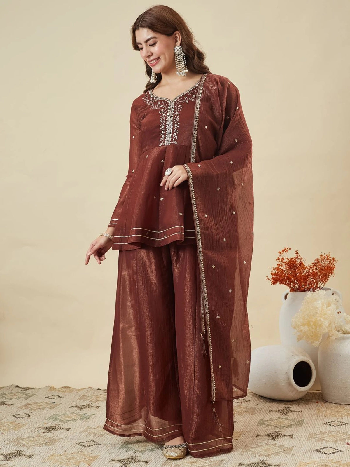 Maroon Crunchy Silk Embroidered Sharara Suit Set