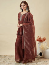 Maroon Crunchy Silk Embroidered Sharara Suit Set