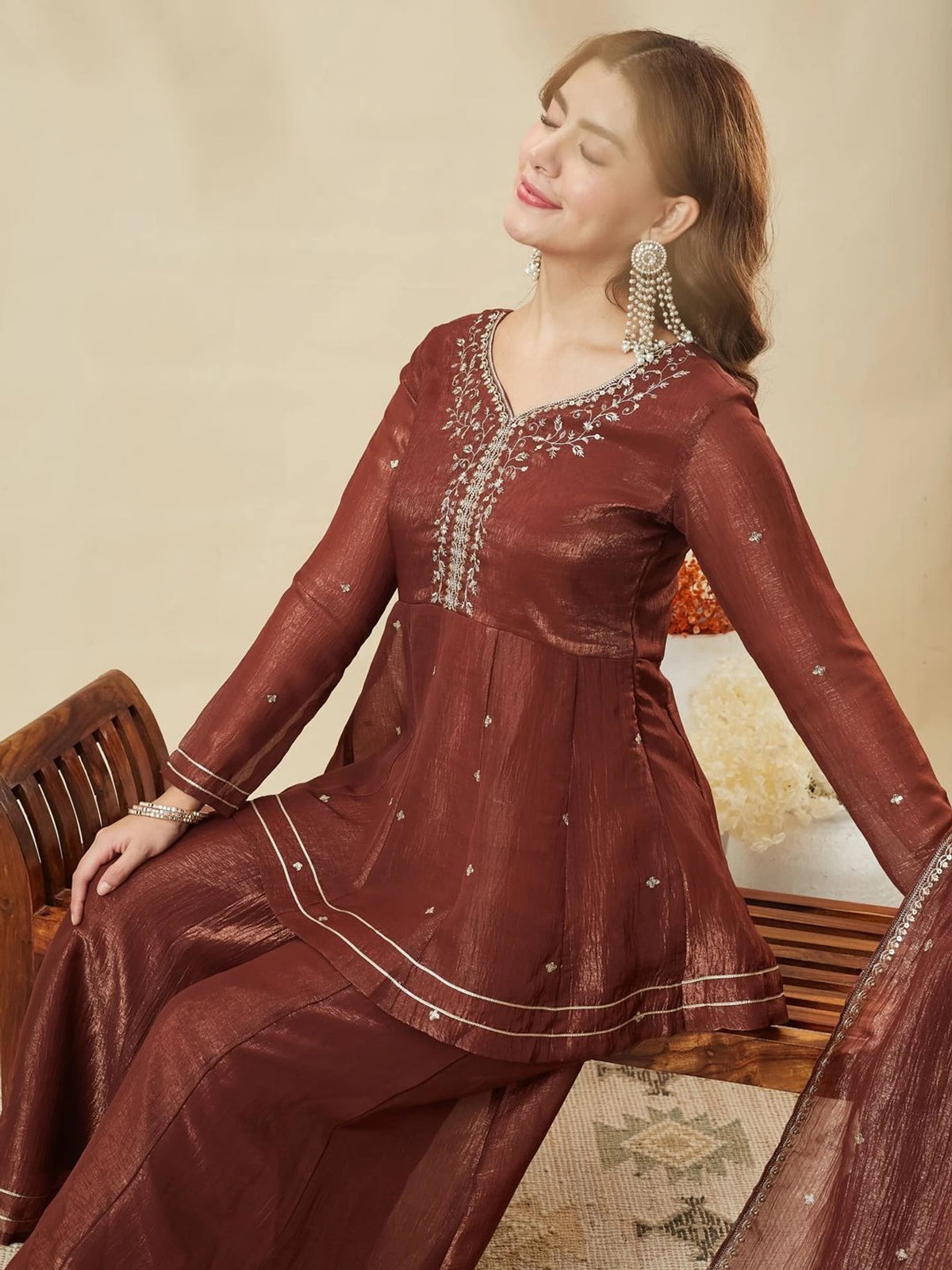 Maroon Crunchy Silk Embroidered Sharara Suit Set