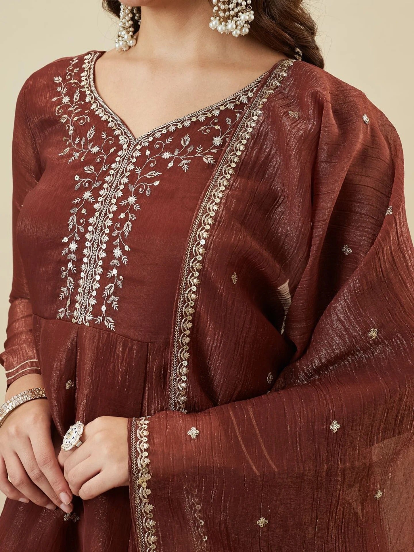 Maroon Crunchy Silk Embroidered Sharara Suit Set