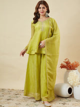 Lemon Crunchy Silk Embroidered Sharara Suit Set