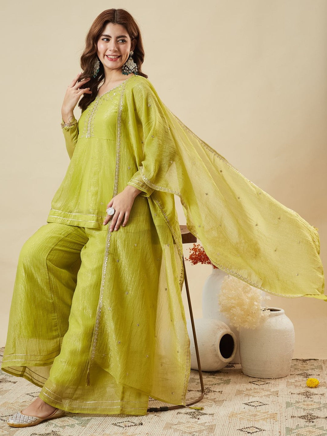 Lemon Crunchy Silk Embroidered Sharara Suit Set