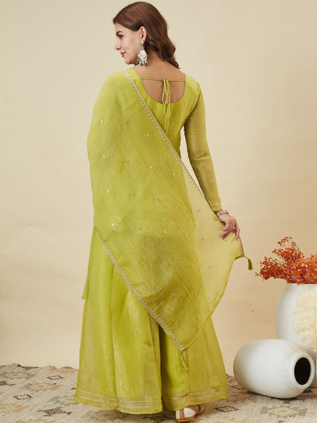 Lemon Crunchy Silk Embroidered Sharara Suit Set