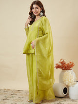 Lemon Crunchy Silk Embroidered Sharara Suit Set