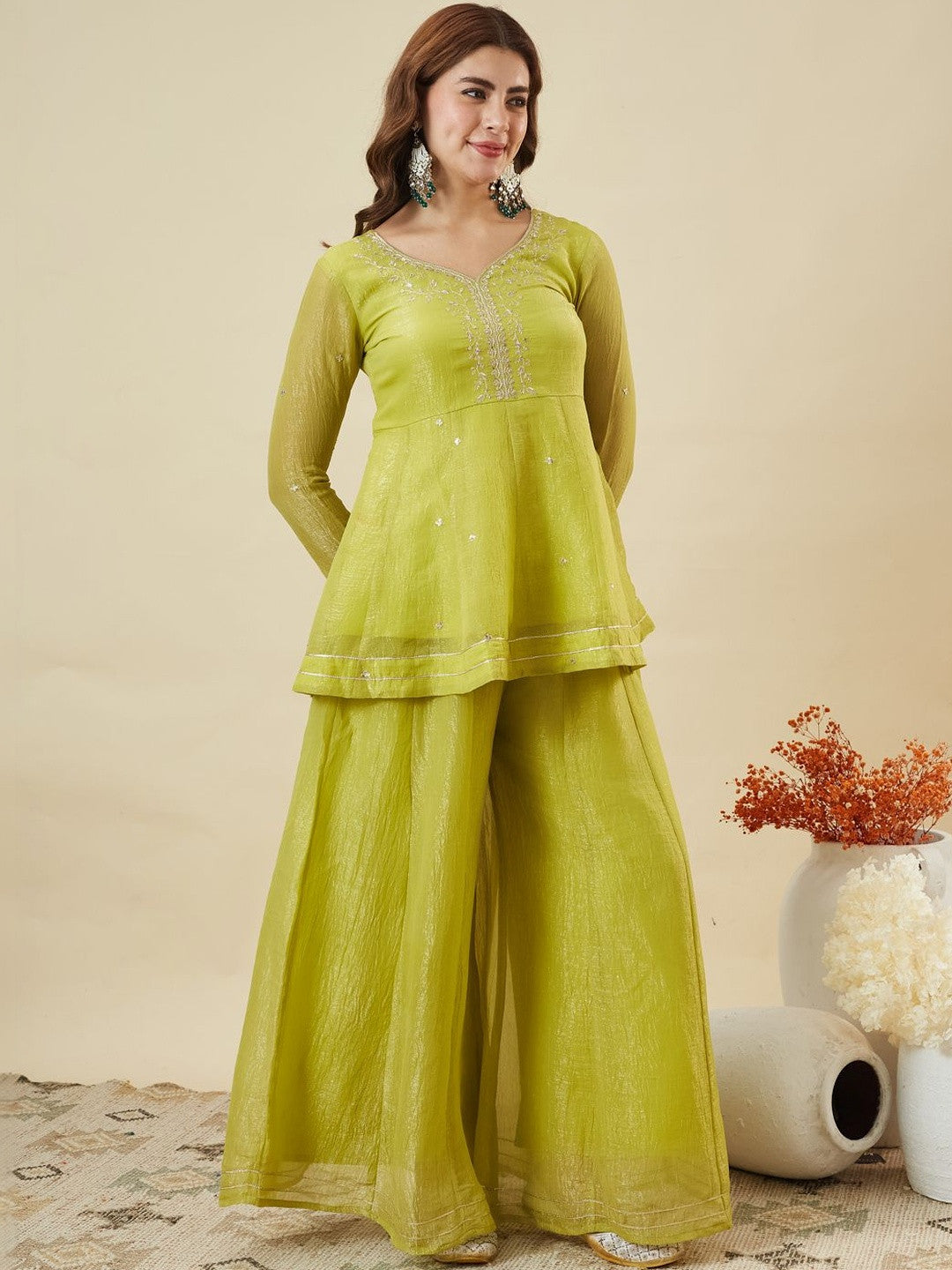 Lemon Crunchy Silk Embroidered Sharara Suit Set