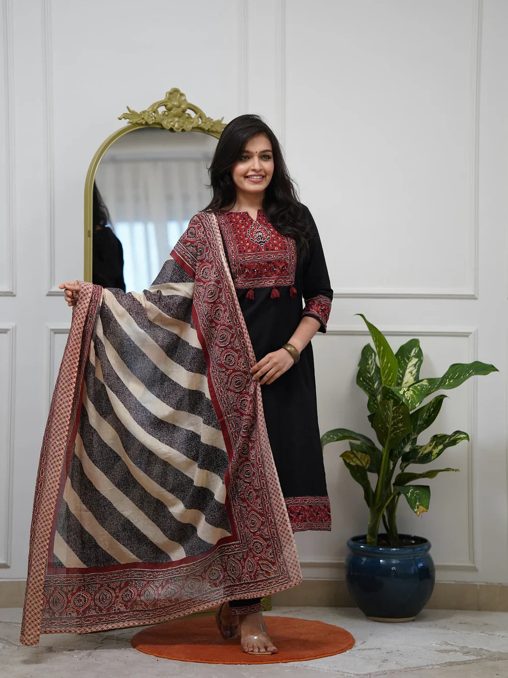 Black Ethnic Printed Kurti Pant Dupatta Set