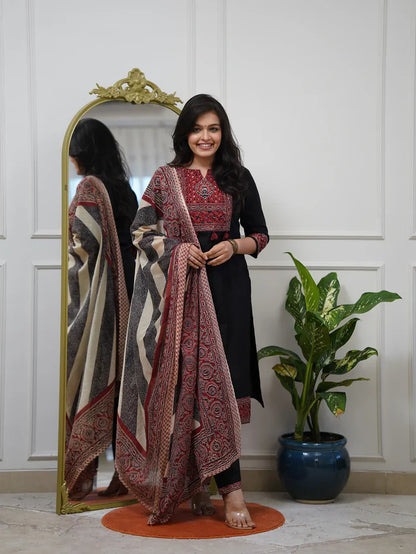 Black Ethnic Printed Kurti Pant Dupatta Set