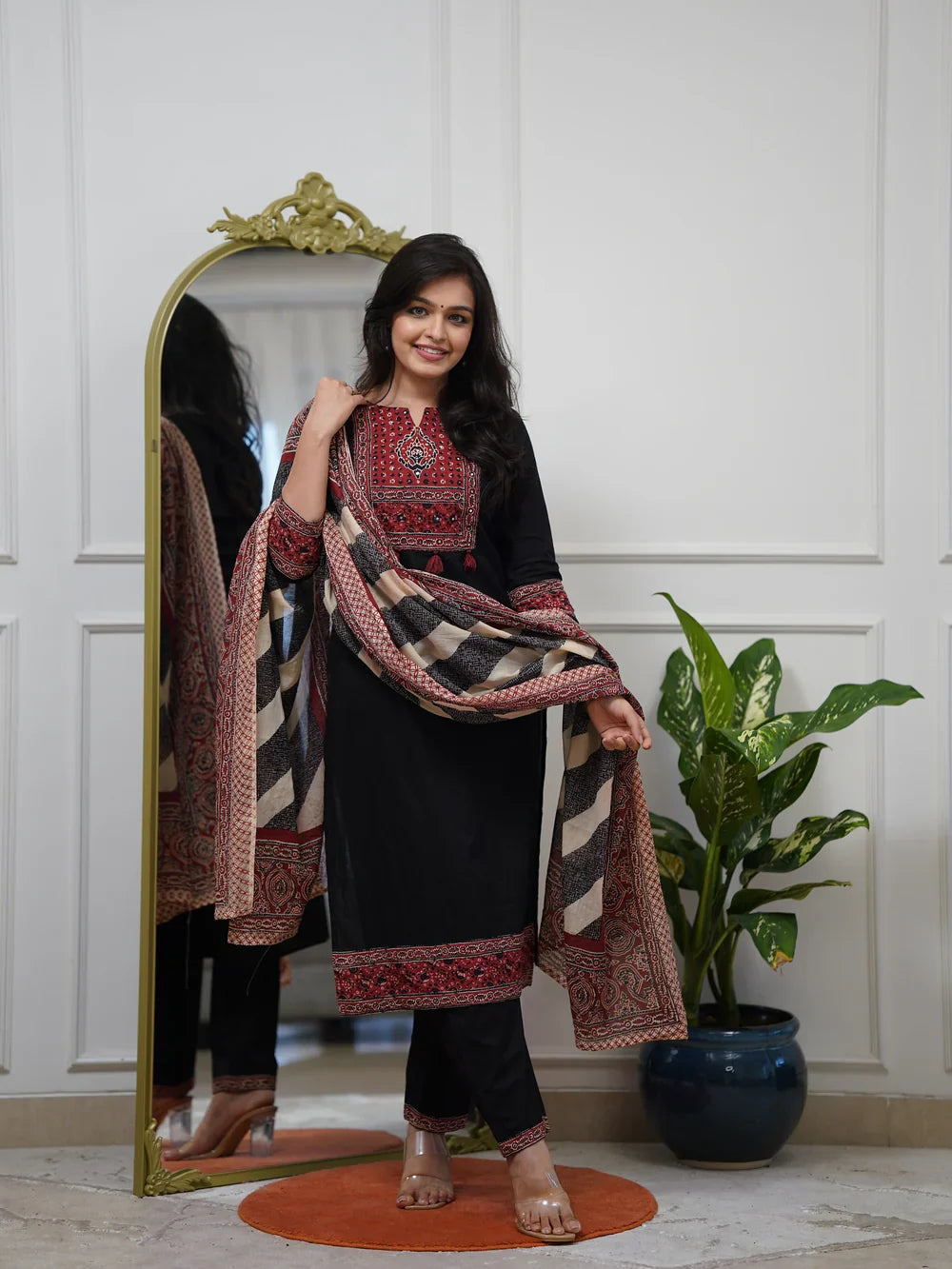Black Ethnic Printed Kurti Pant Dupatta Set