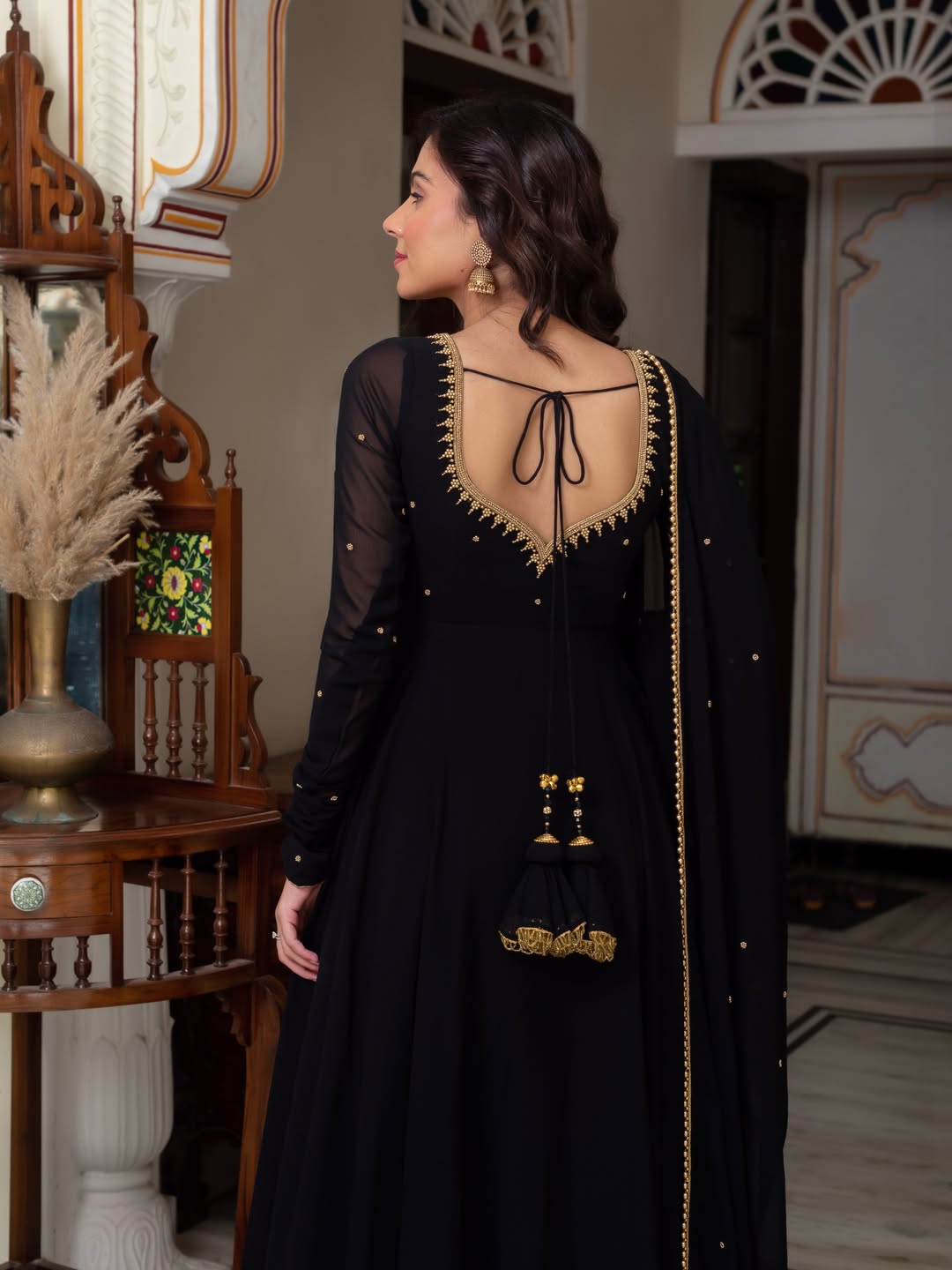 Black Blooming Fabric Anarkali Kurti Set