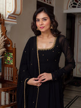 Black Blooming Fabric Anarkali Kurti Set