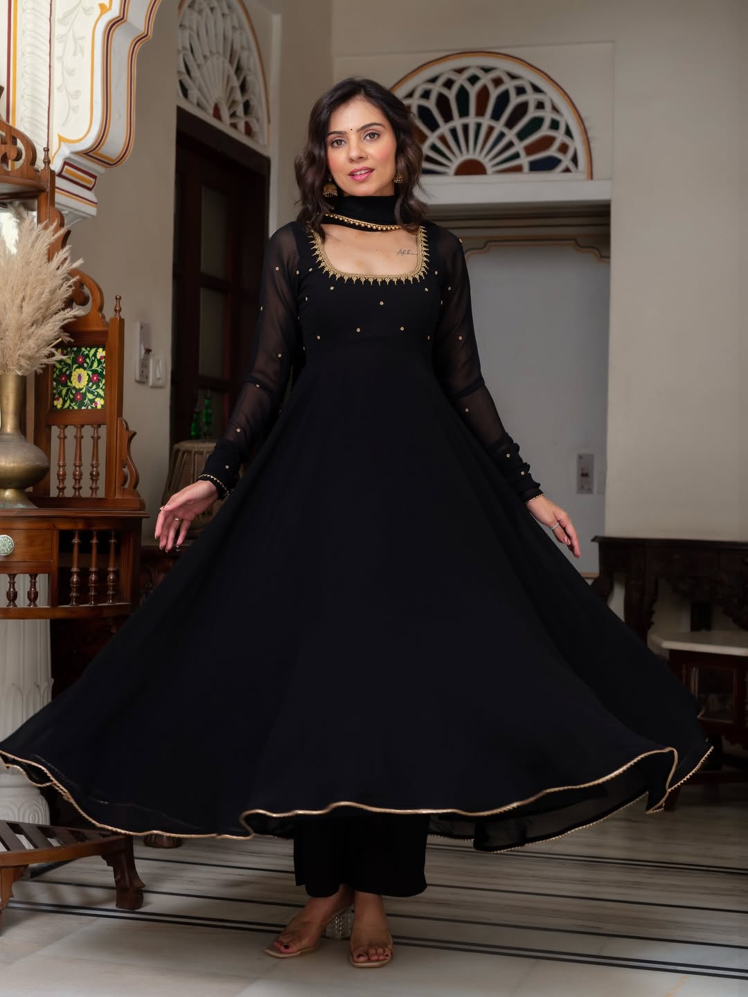 Black Blooming Fabric Anarkali Kurti Set